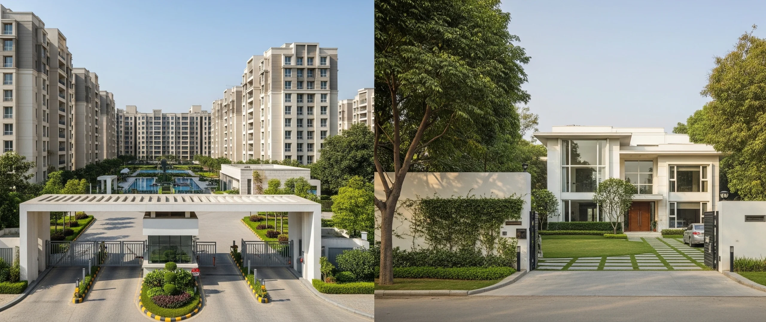 A split image showing a modern, multi-story apartment complex in a gated community on the left and a private, standalone independent house with a lawn on the right, contrasting two different real estate options.